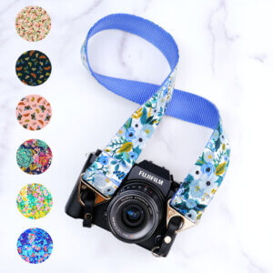 rifle paper blue rose camera strap