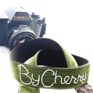 hand embroidered camera strap green