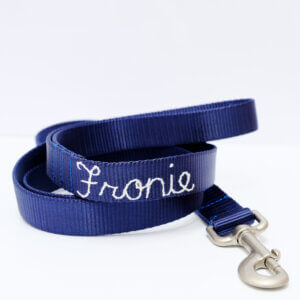 embroidered dog leash nay blue nylon webbing