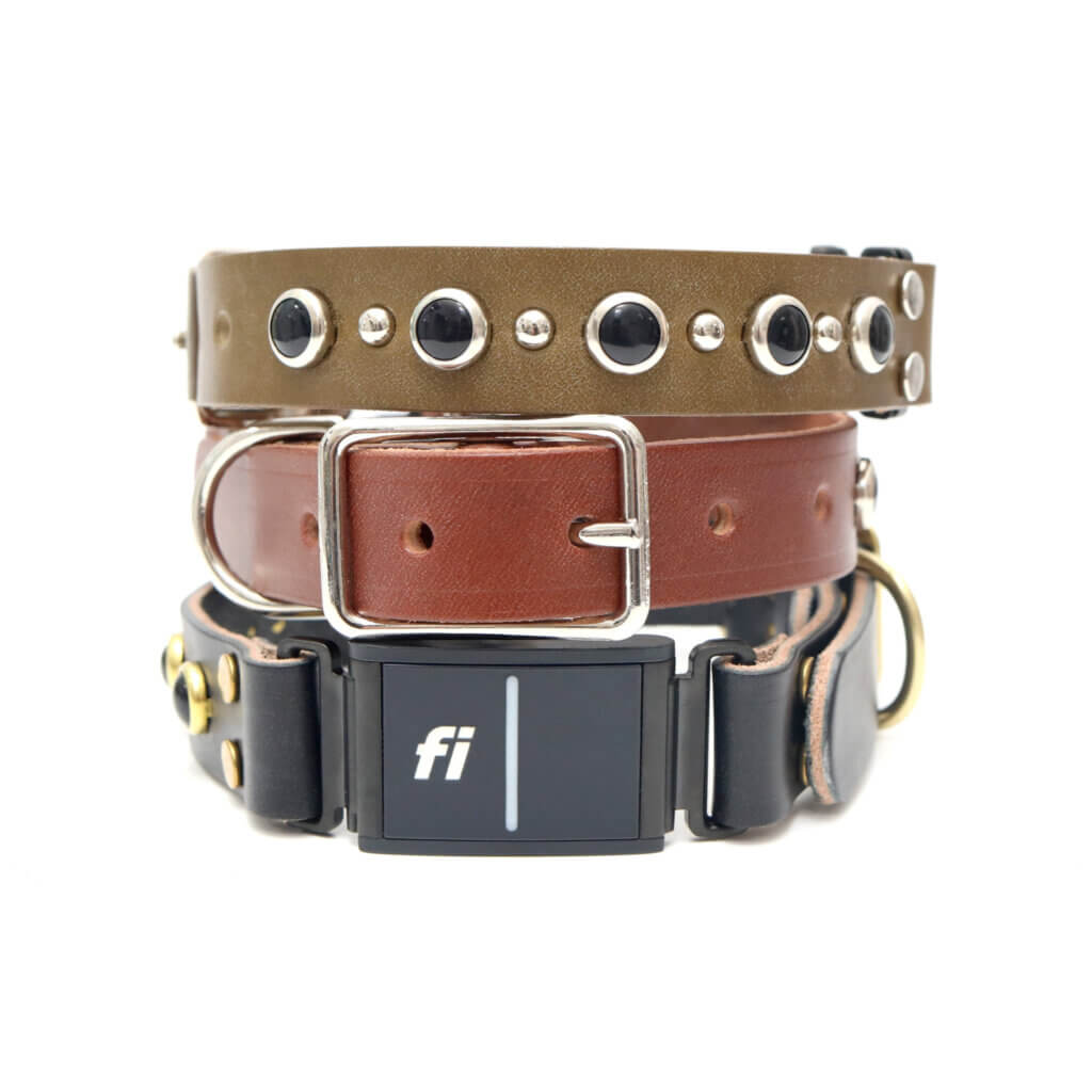 A stack of dog collars with a brown, copper, and black FI collar