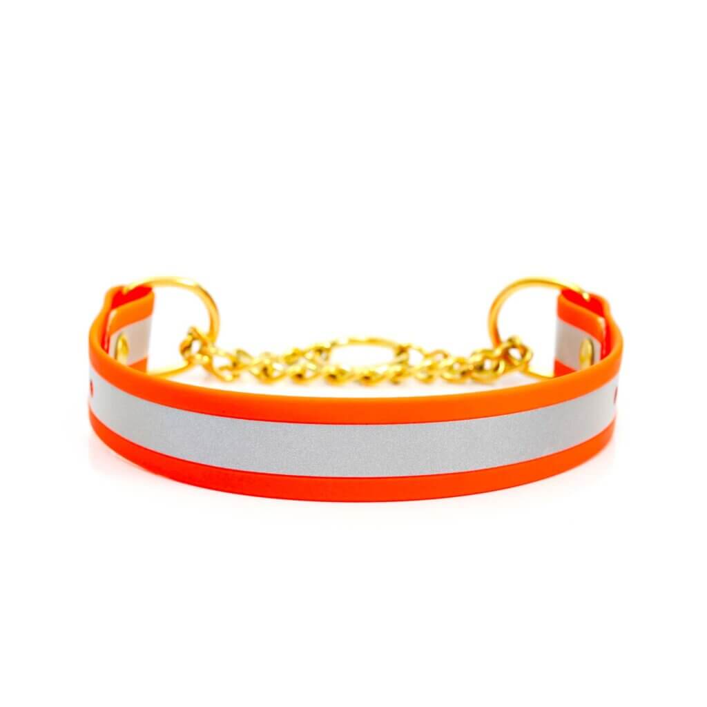 A reflective orange collar with a silver strip
