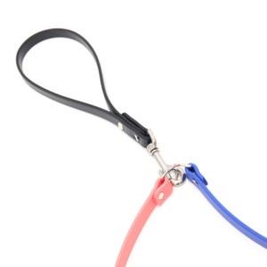 Black handle waterproof clipped to pink and blue leash