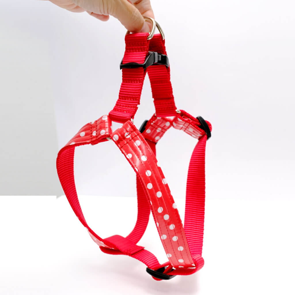 minnie red white polka dot step in dog harness