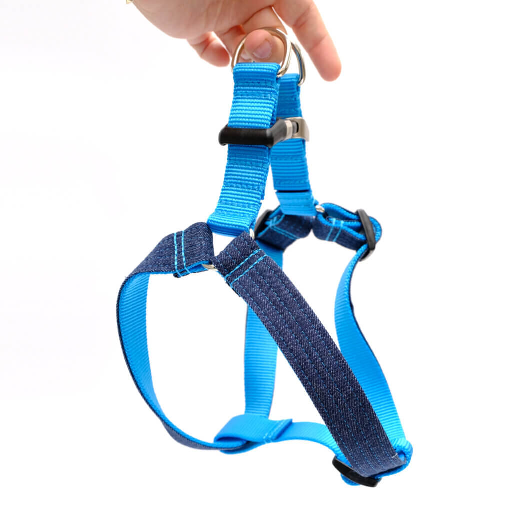 denim step in dog harness custom sizes