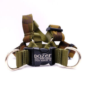 camo harness with engraved buckle