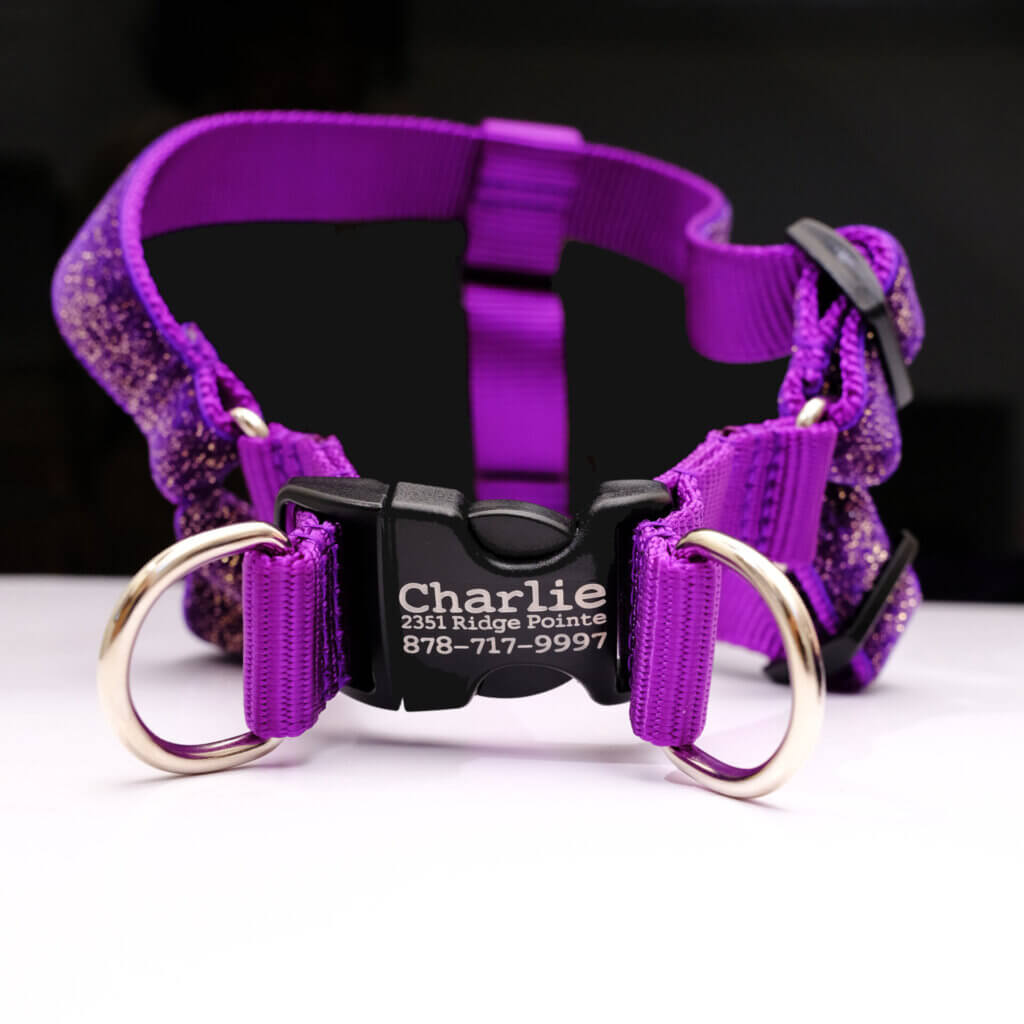 dog harness purple glitter engraved buckle