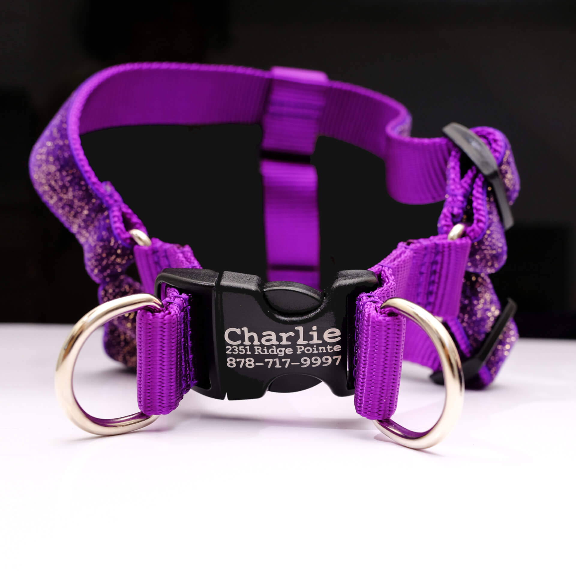 dog harness purple glitter engraved buckle