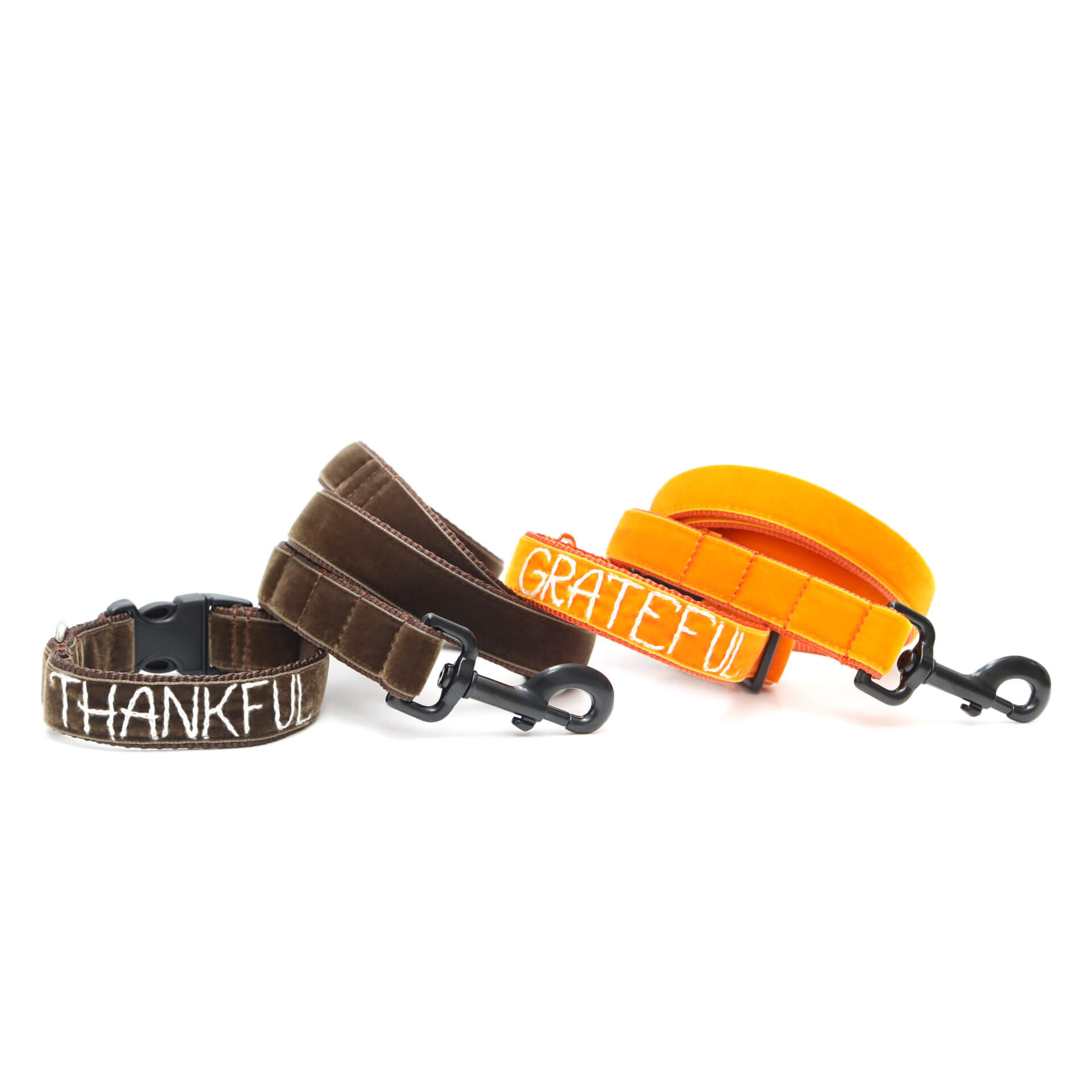 Thankful Hand Embroidered Dog Collar set for Thanksgiving or Fall Brown Velvet