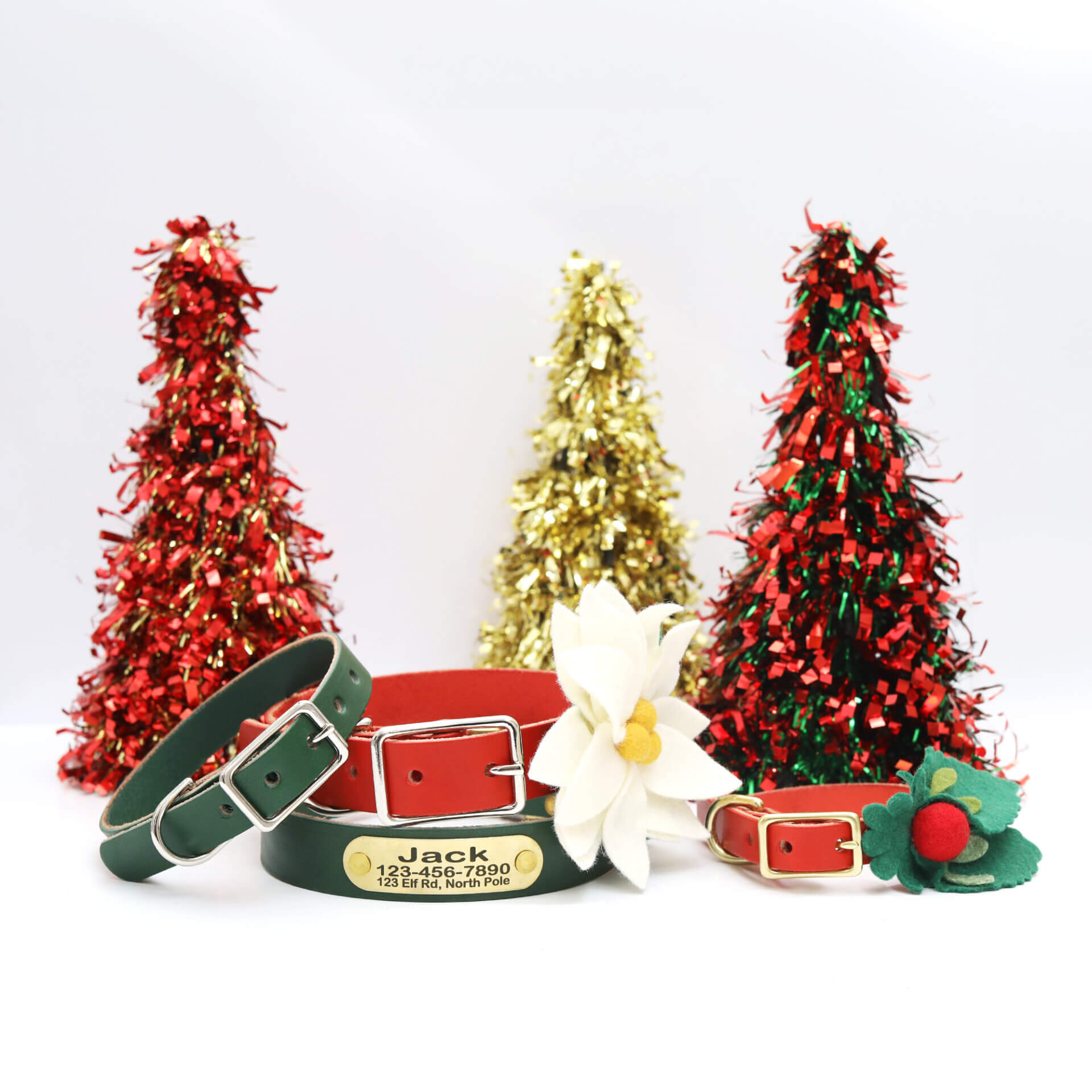 Leather Christmas Nameplate Collar Red Green Blue