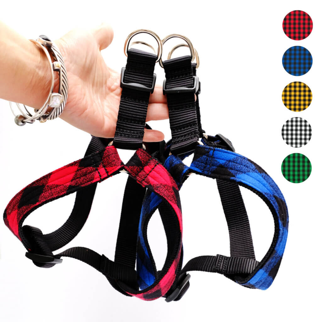 personalized flannel buffalo dog harness step in