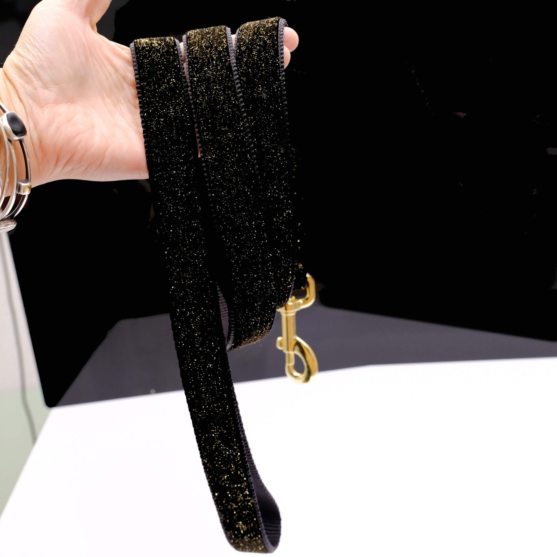 starlight black glitter dog leash gold hardware