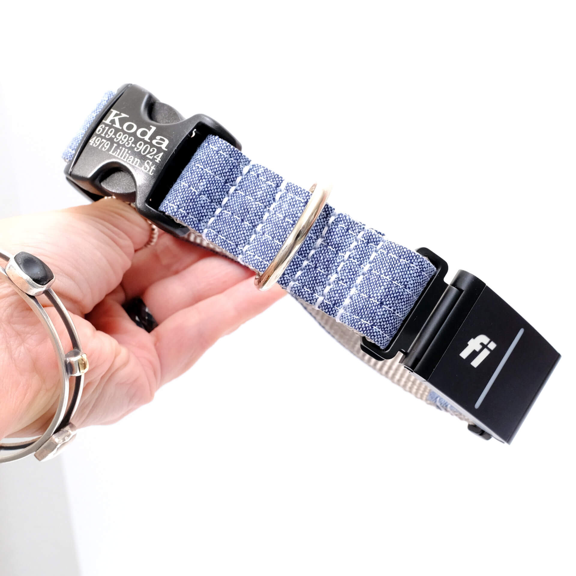 fi collar blue linen nautical engraved buckle