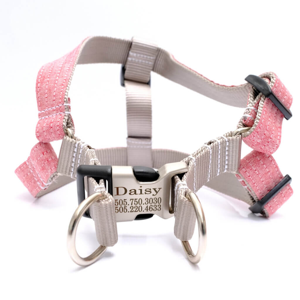 red linen step in dog harness engraved buckle