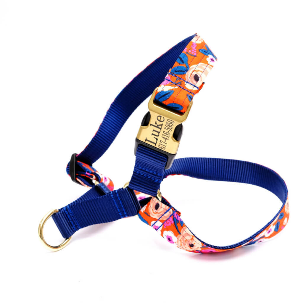 rifle paper co dog harness scarlet floral ID engraved