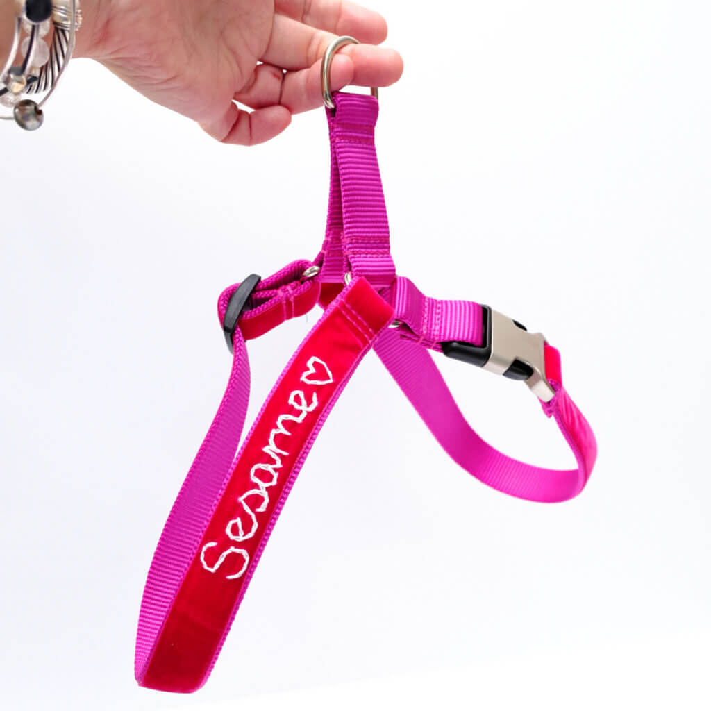 bettie pink easy on dog harness embroidered