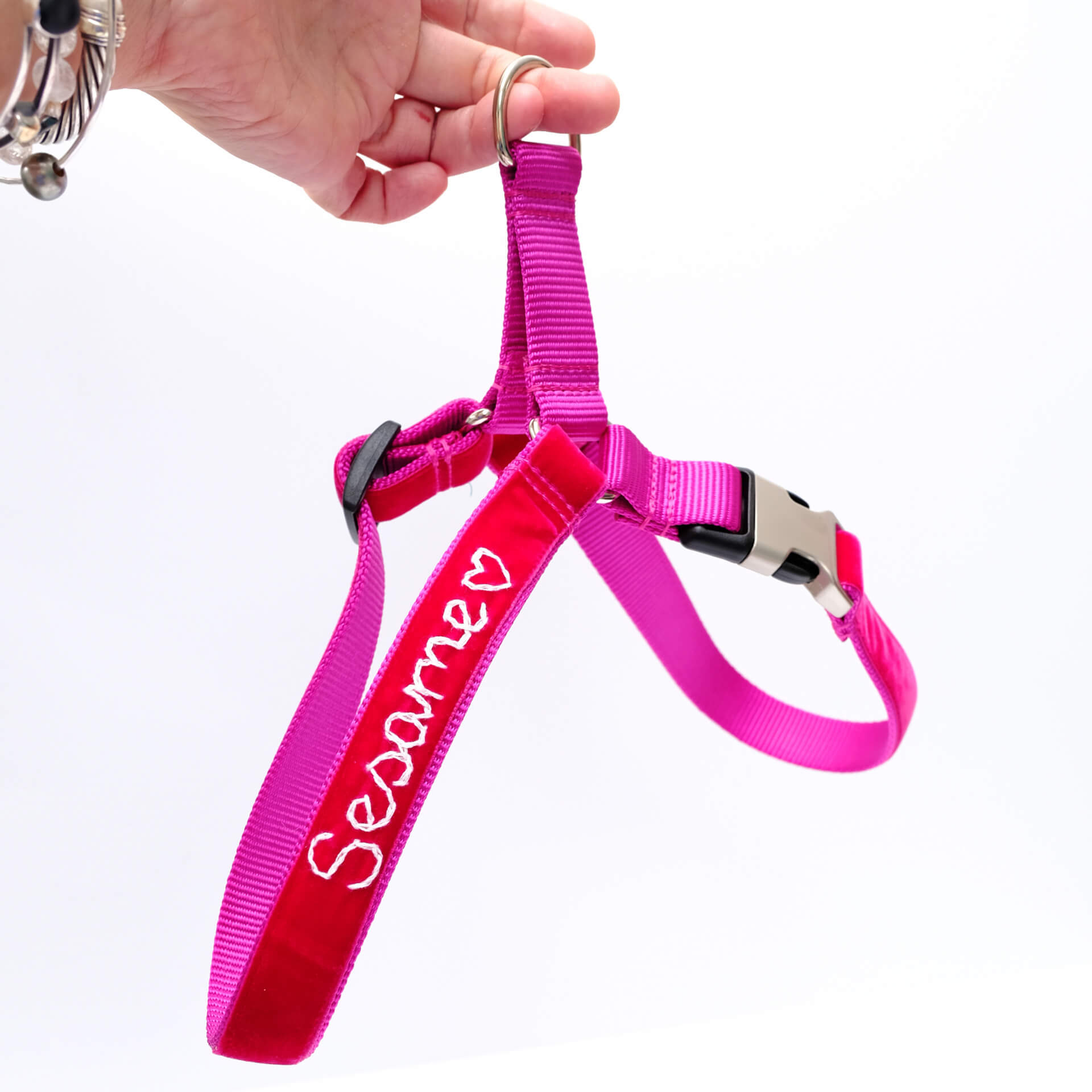 bettie pink easy on dog harness embroidered