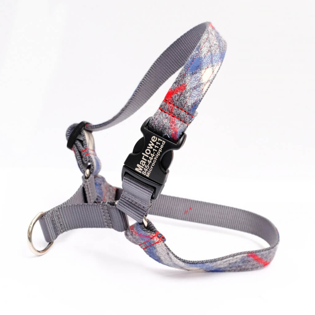 blue flannel easy on dog harness engraved PJS