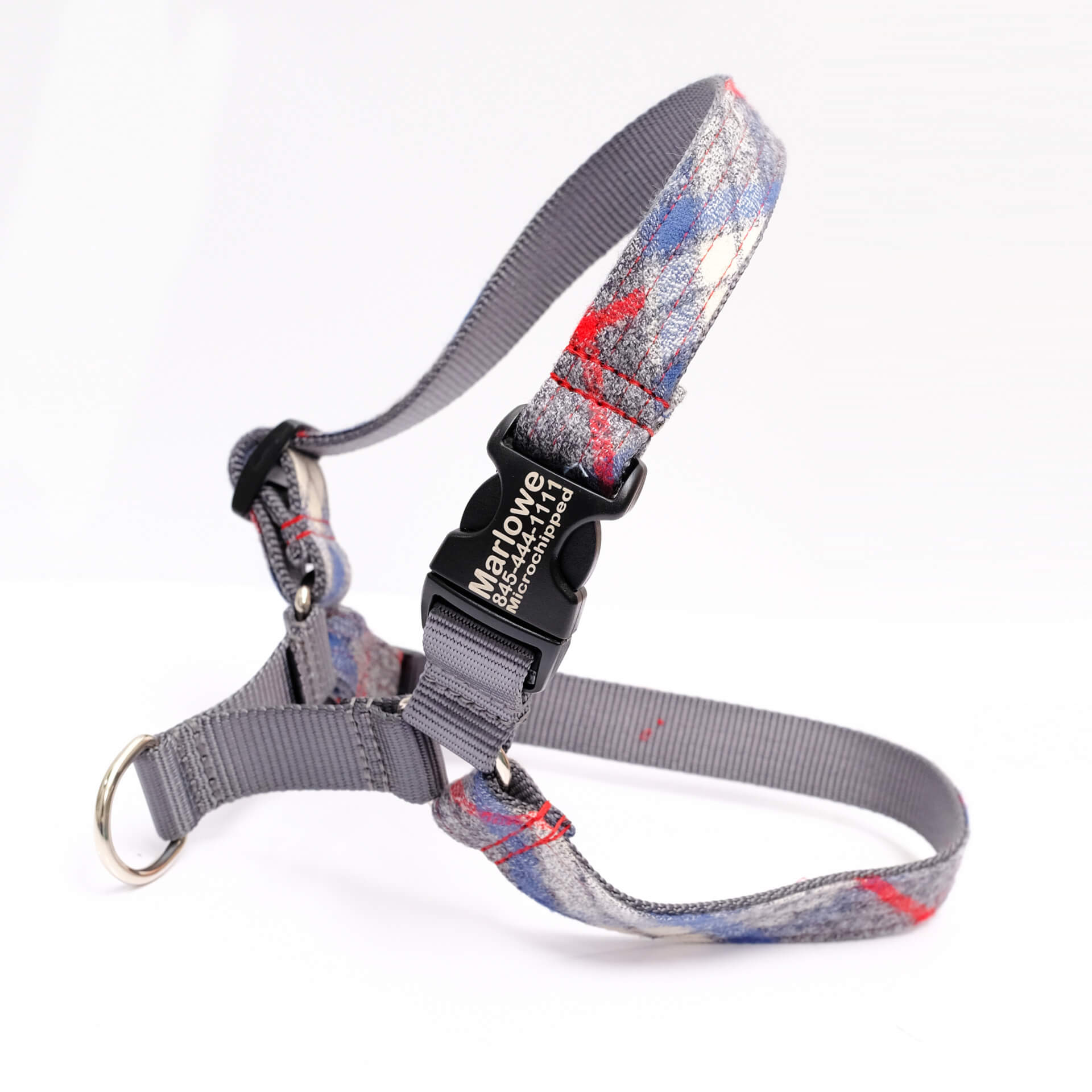 blue flannel easy on dog harness engraved PJS