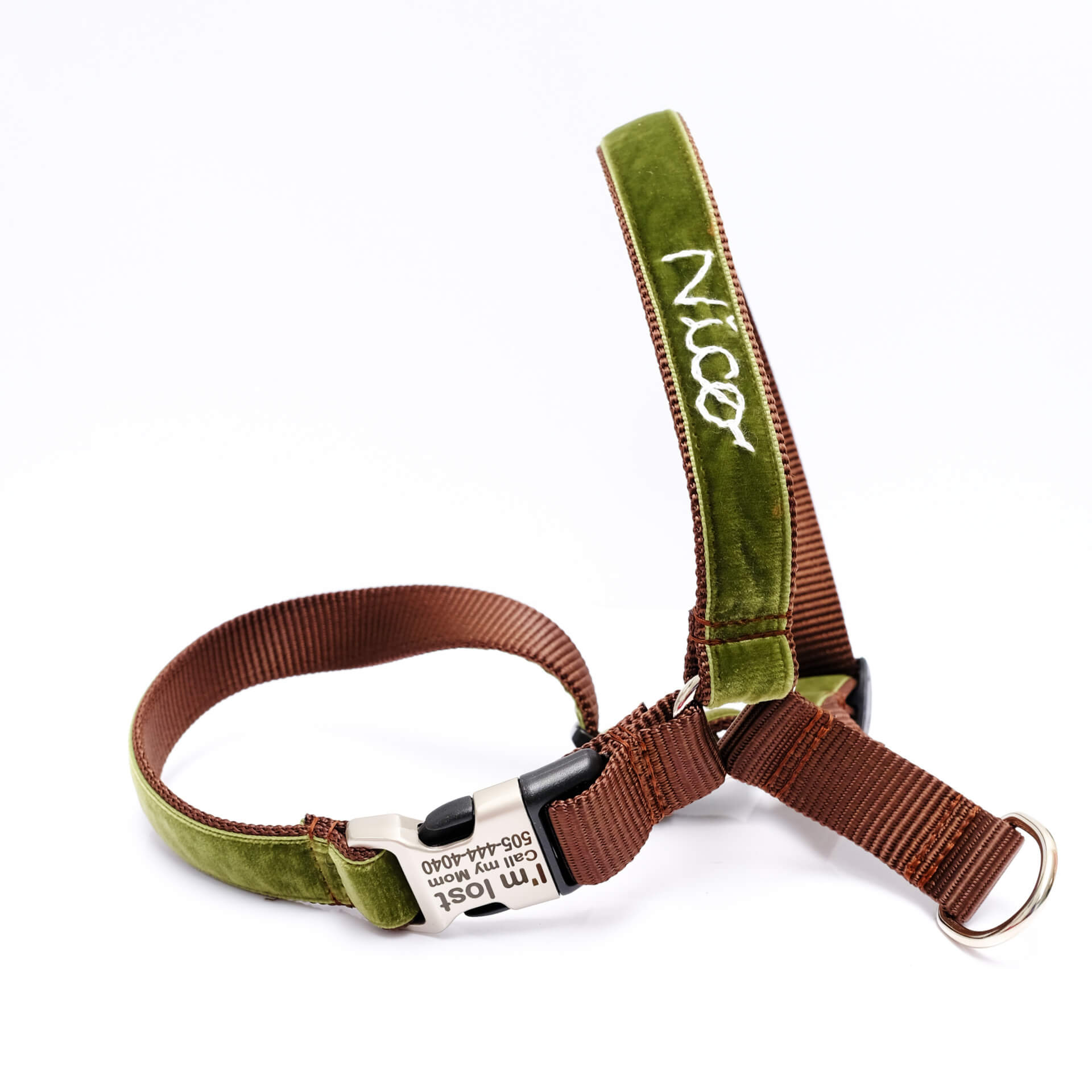 hunter Green velvet embroidered dog harness easy on