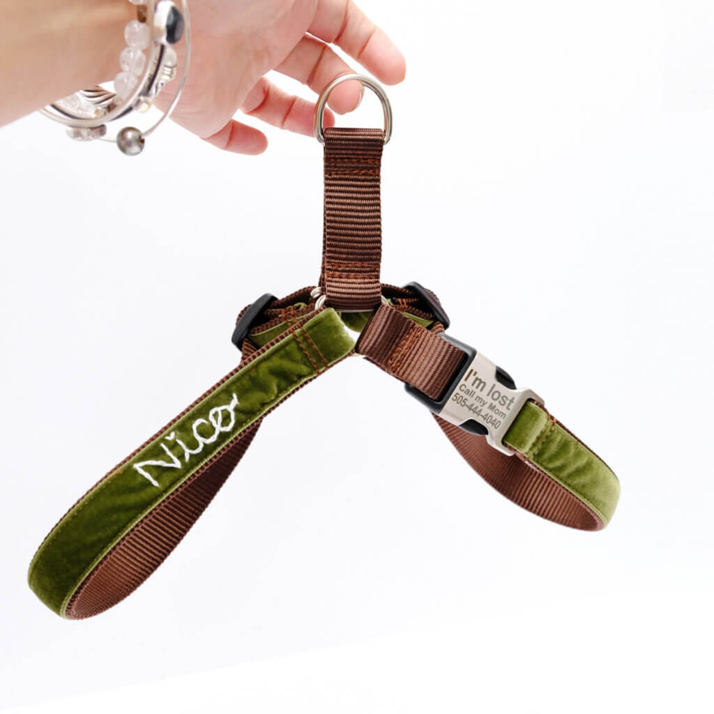hunter Green velvet hand embroidered dog harness easy on