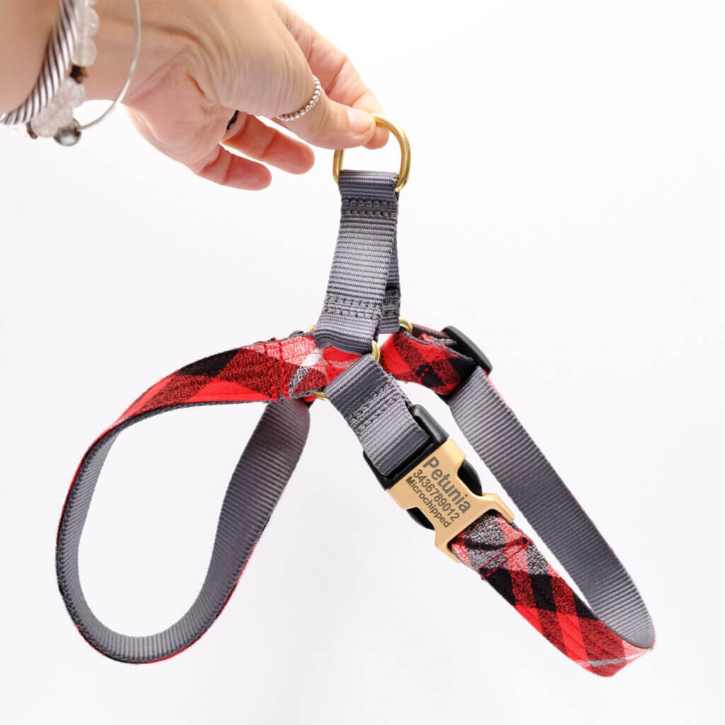 red flannel easy on dog harness engraved PJS