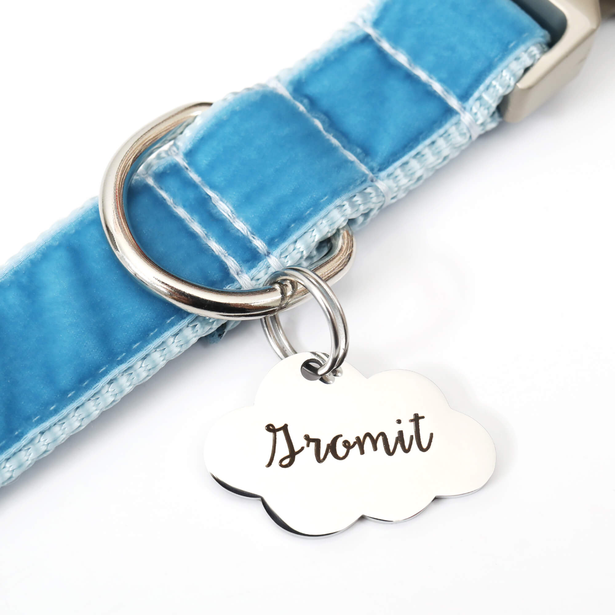 cloud id tags silver on blue velvet collar