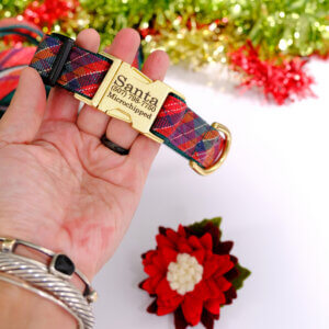 deck the halls tartan holiday dog collar engraved gold buckle