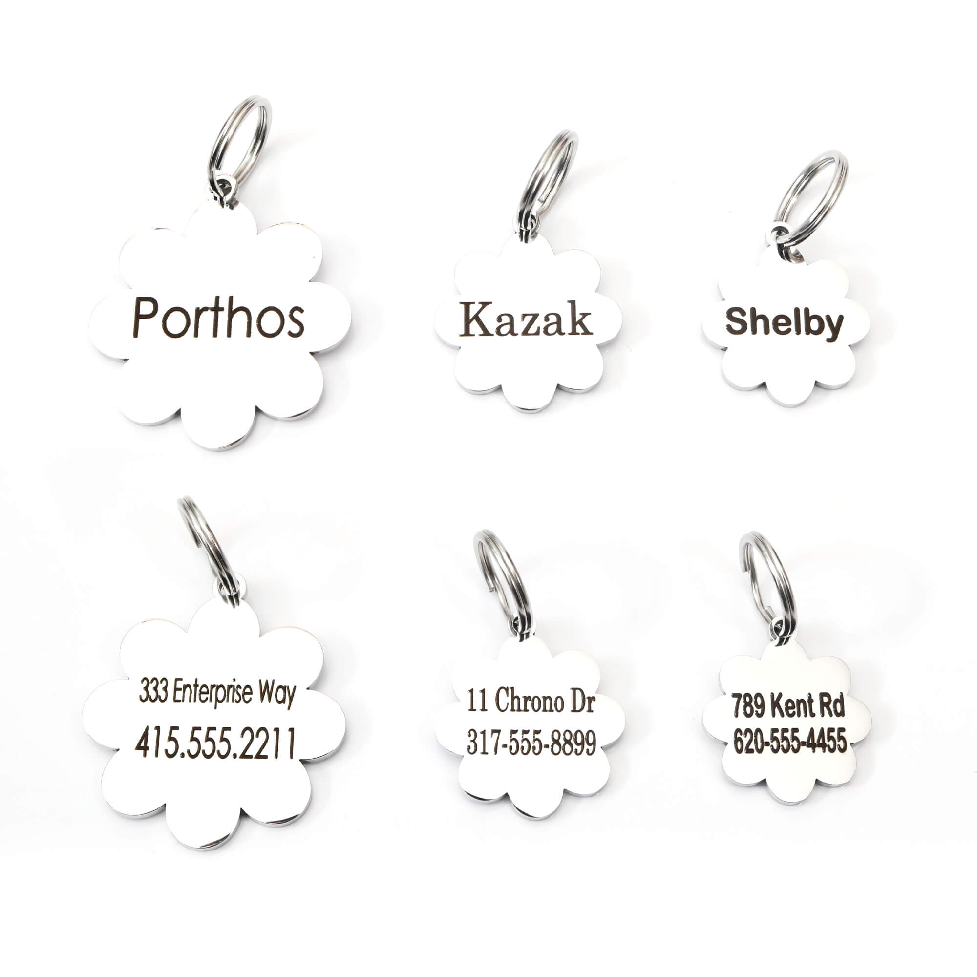 front and back silver flower tags all sizes