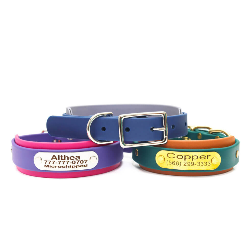 two tone waterproof double layered collars with nameplates belt buckle