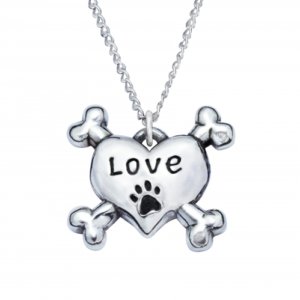 Heart/Crossbones Love with Paw Print - Sterling Silver Necklace